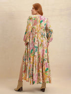 Plus Size Lace Detail Printed V-Neck Balloon Sleeve Dress