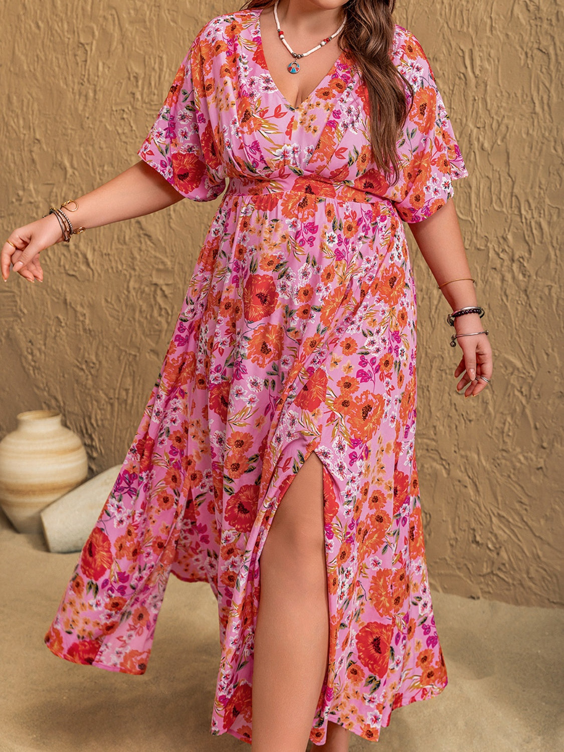 Plus Size Slit Floral V-Neck Half Sleeve Maxi Dress - felvior