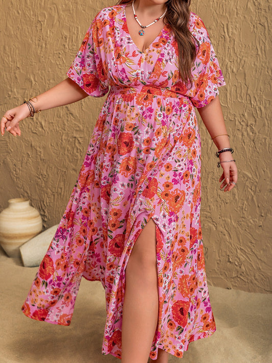 Plus Size Slit Floral V-Neck Half Sleeve Maxi Dress - felvior