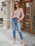 Lace Detail Eyelet V-Neck Flounce Sleeve Blouse - felvior