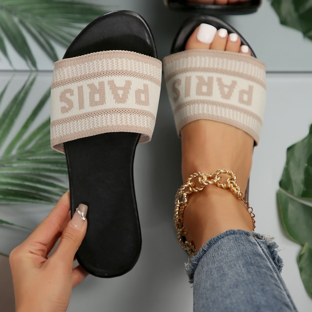 PARIS Letter Open Toe Flat Sandals - felvior