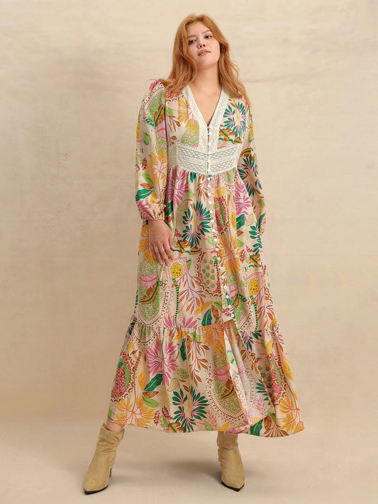 Plus Size Lace Detail Printed V-Neck Balloon Sleeve Dress - felvior