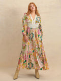 Plus Size Lace Detail Printed V-Neck Balloon Sleeve Dress - felvior