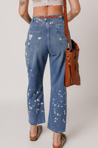 Distressed Splattering Paint Rope Waist Cropped Straight Jeans