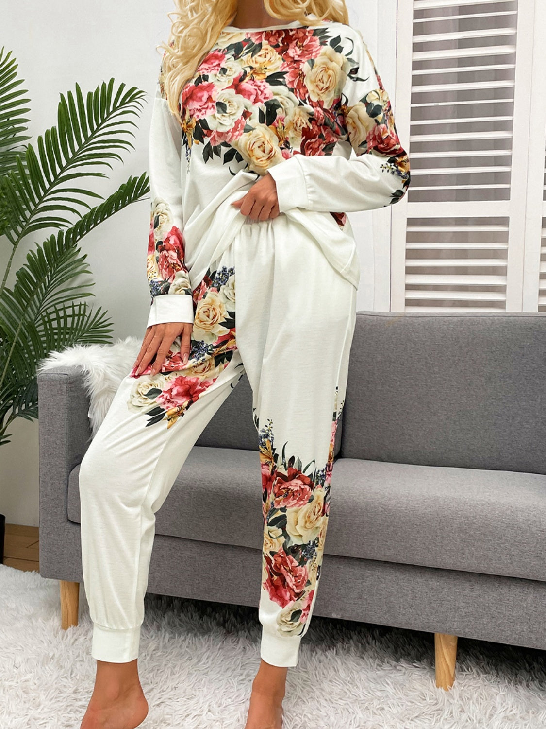 Shiny Printed Round Neck Top and Pants Lounge Set - felvior