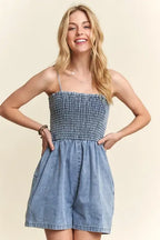 ADORA Smocked Spaghetti Strap Denim Romper