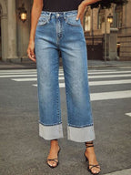 High Waisted Straight Leg Rolled Jeans