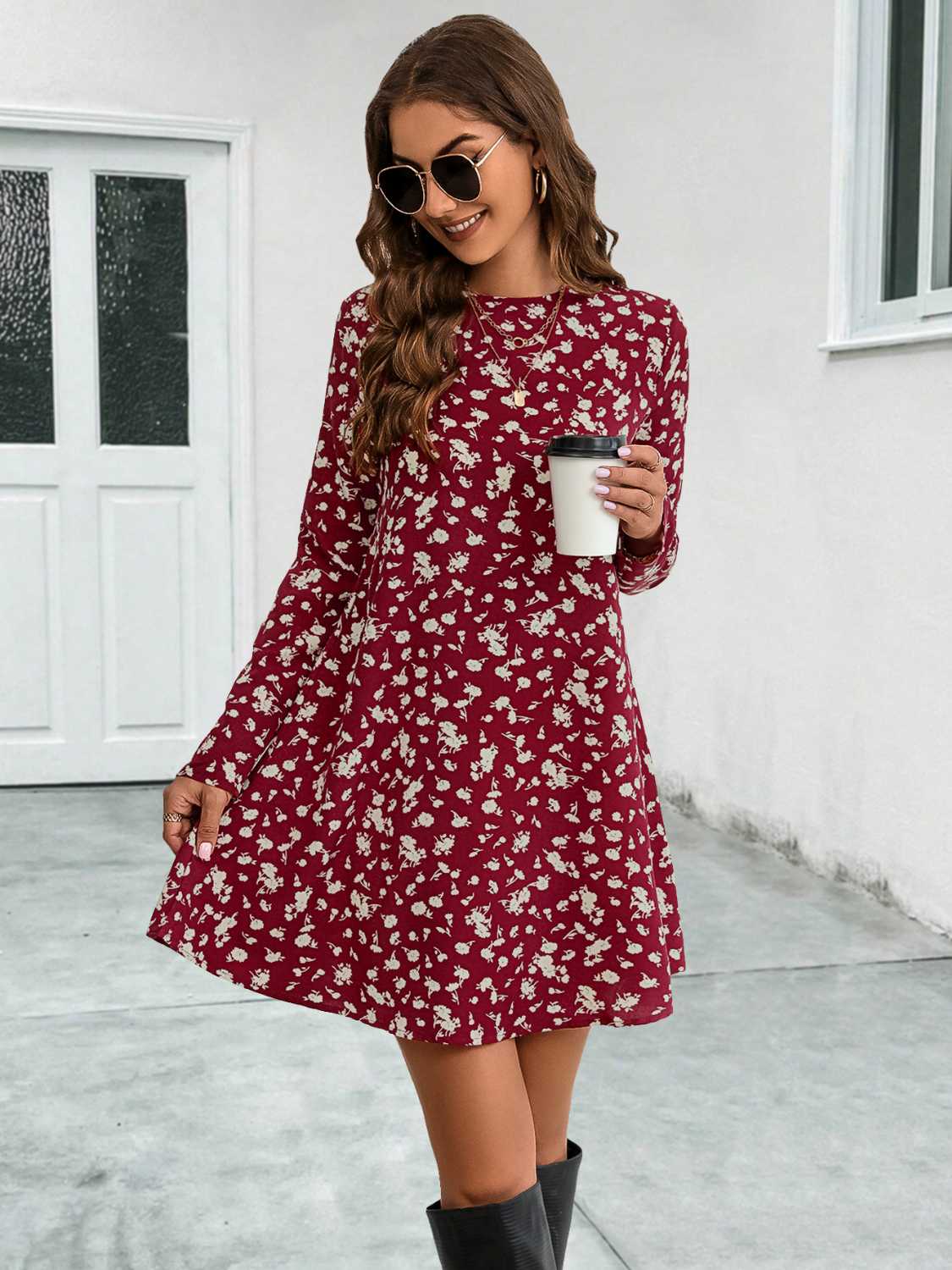 Round Neck Long Sleeve Mini Dress - felvior