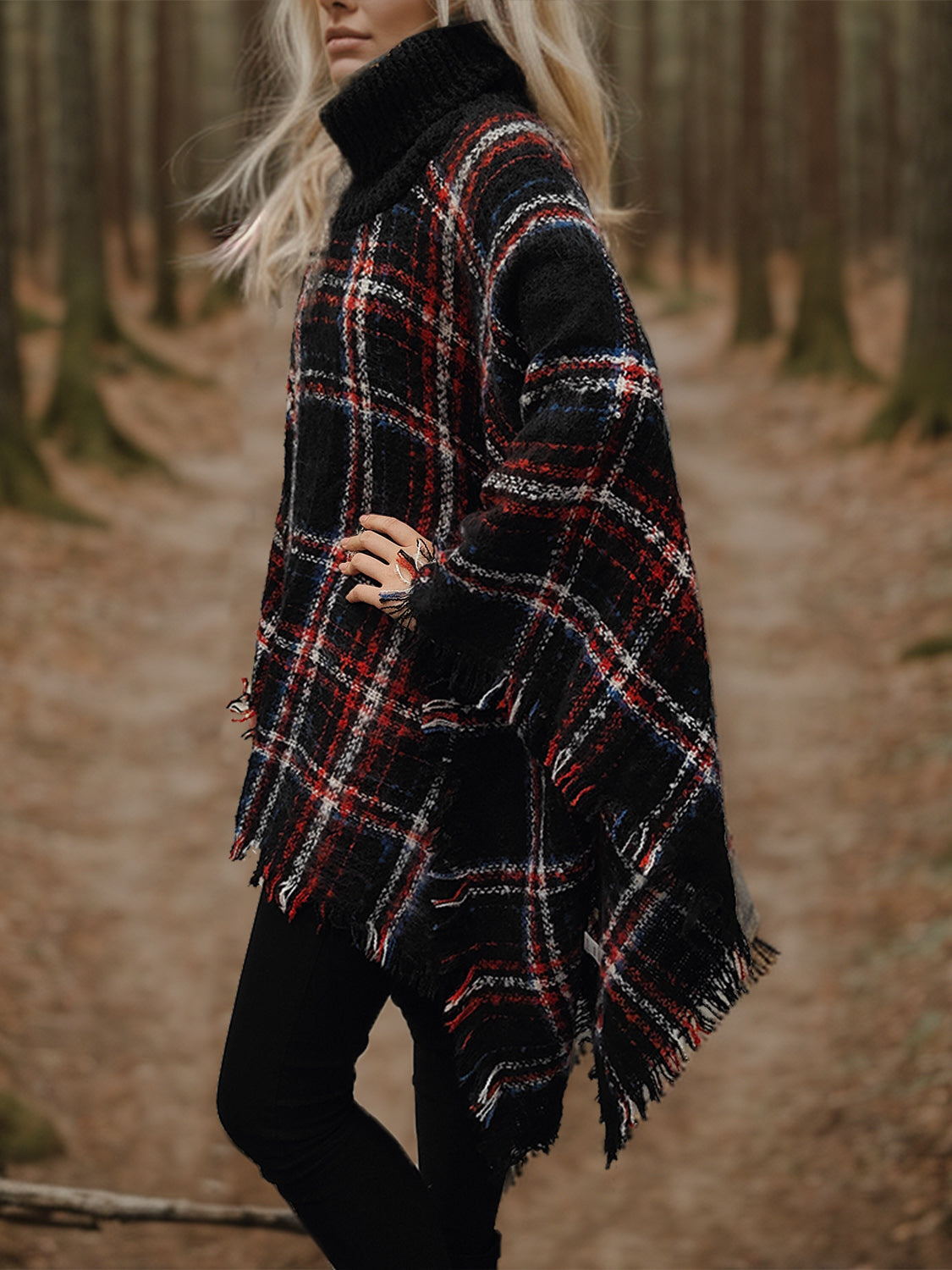 Shiny Turtleneck Plaid Raw Hem Sweater - felvior