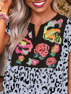 Full Size Leopard Floral Notched Cap Sleeve Blouse Plus Size