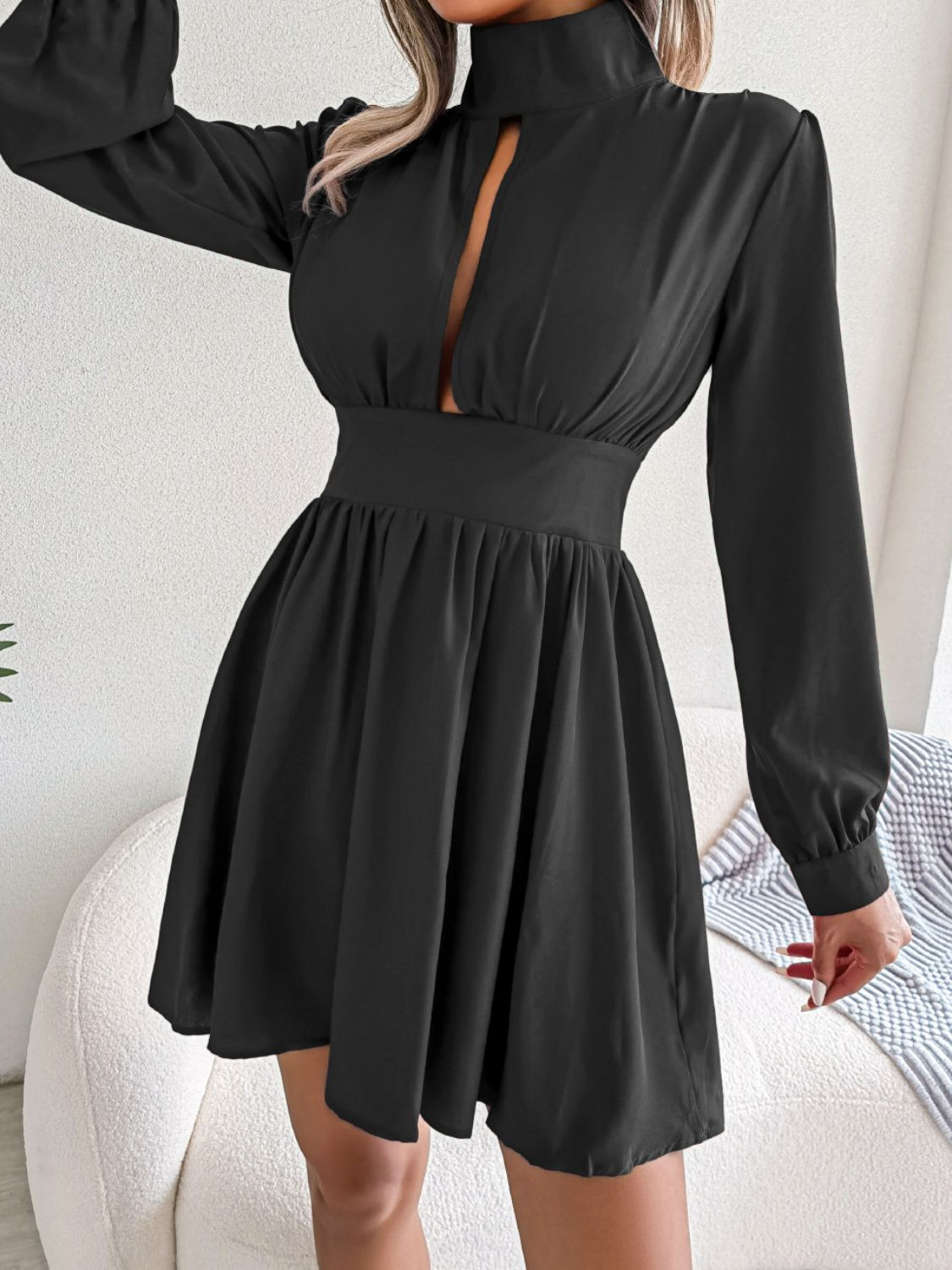 Cutout Turtleneck A-Line Mini Dress - felvior