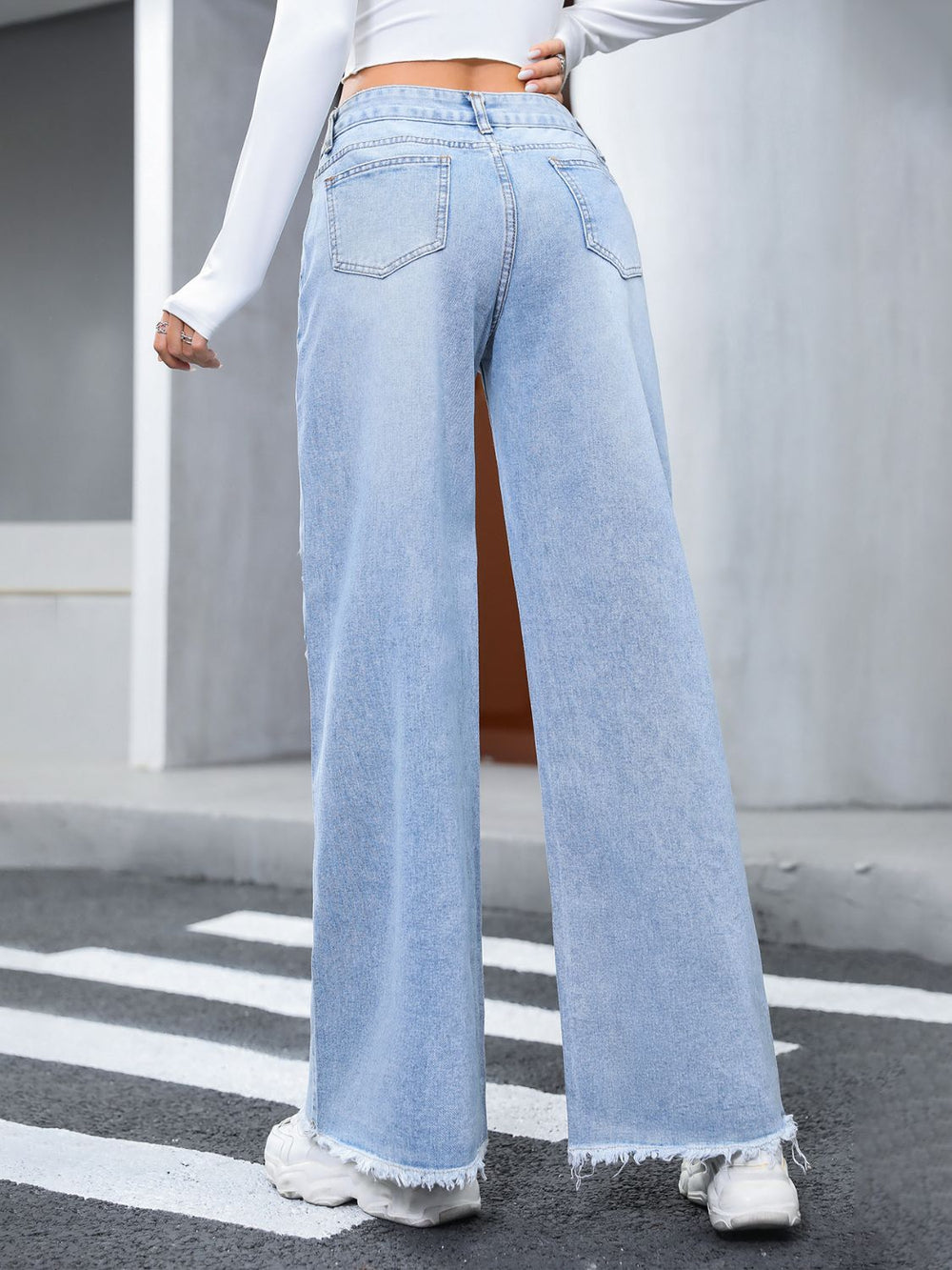 Distressed Raw Hem Wide Leg Jeans
