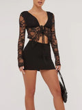 Tied Plunge Long Sleeve Lace Cropped Shirt - felvior
