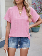 Eyelet Notched Short Sleeve Top