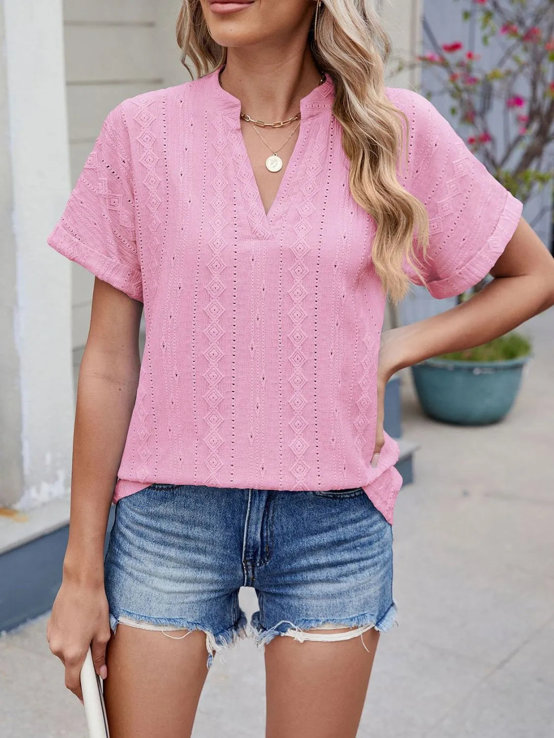 Eyelet Notched Short Sleeve Top