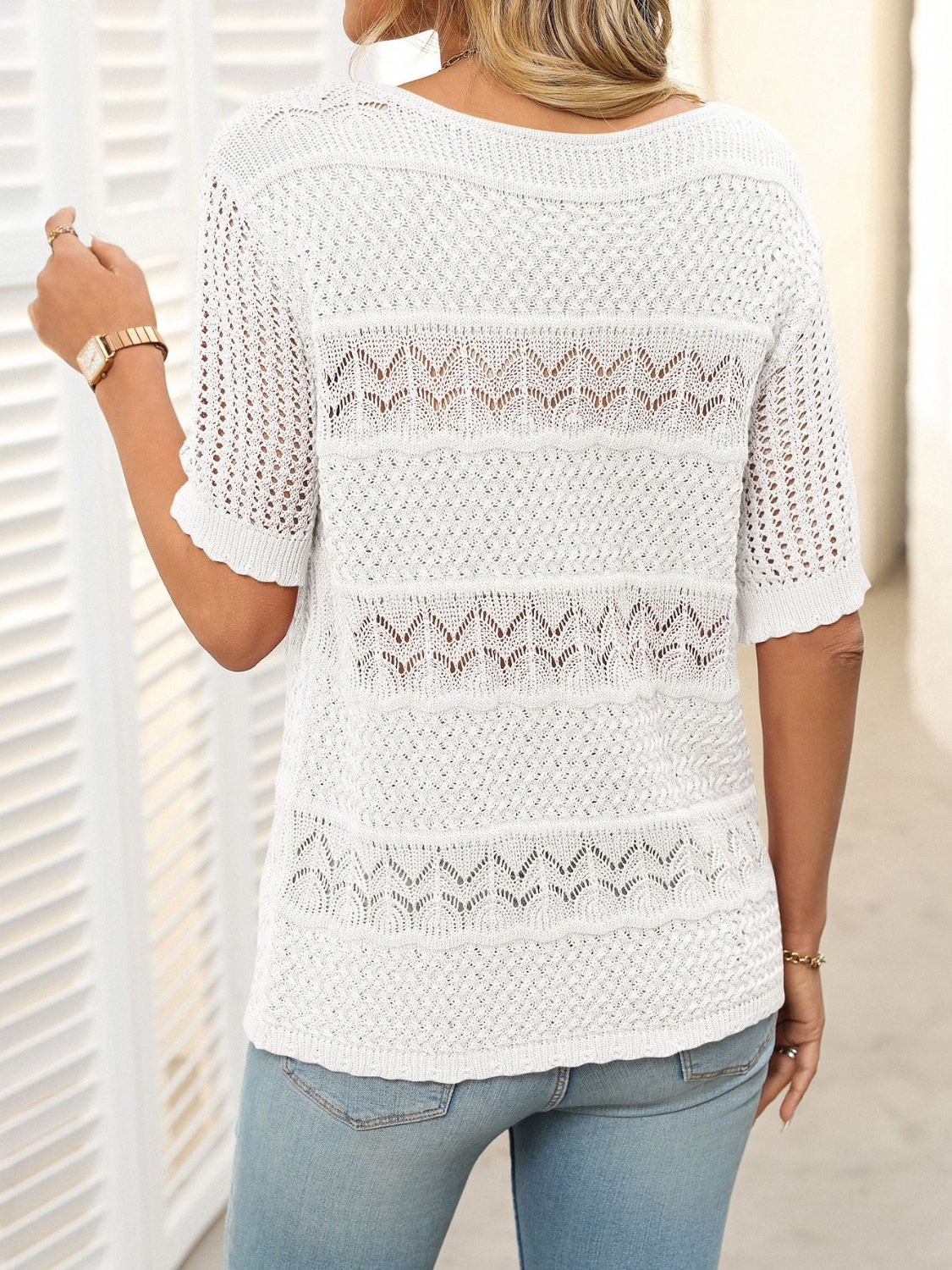 Openwork Round Neck Half Sleeve Knit Top - felvior