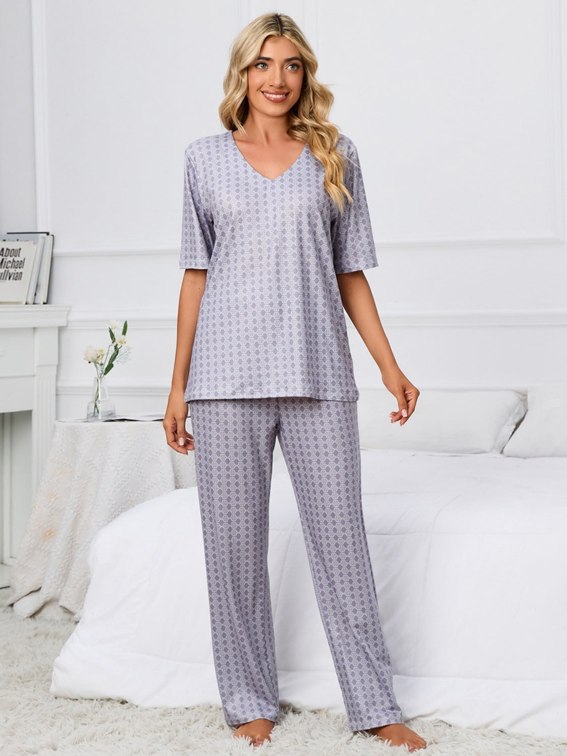 Printed V-Neck Top and Pants Lounge Set - felvior