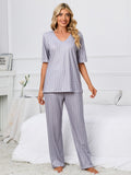 Printed V-Neck Top and Pants Lounge Set - felvior