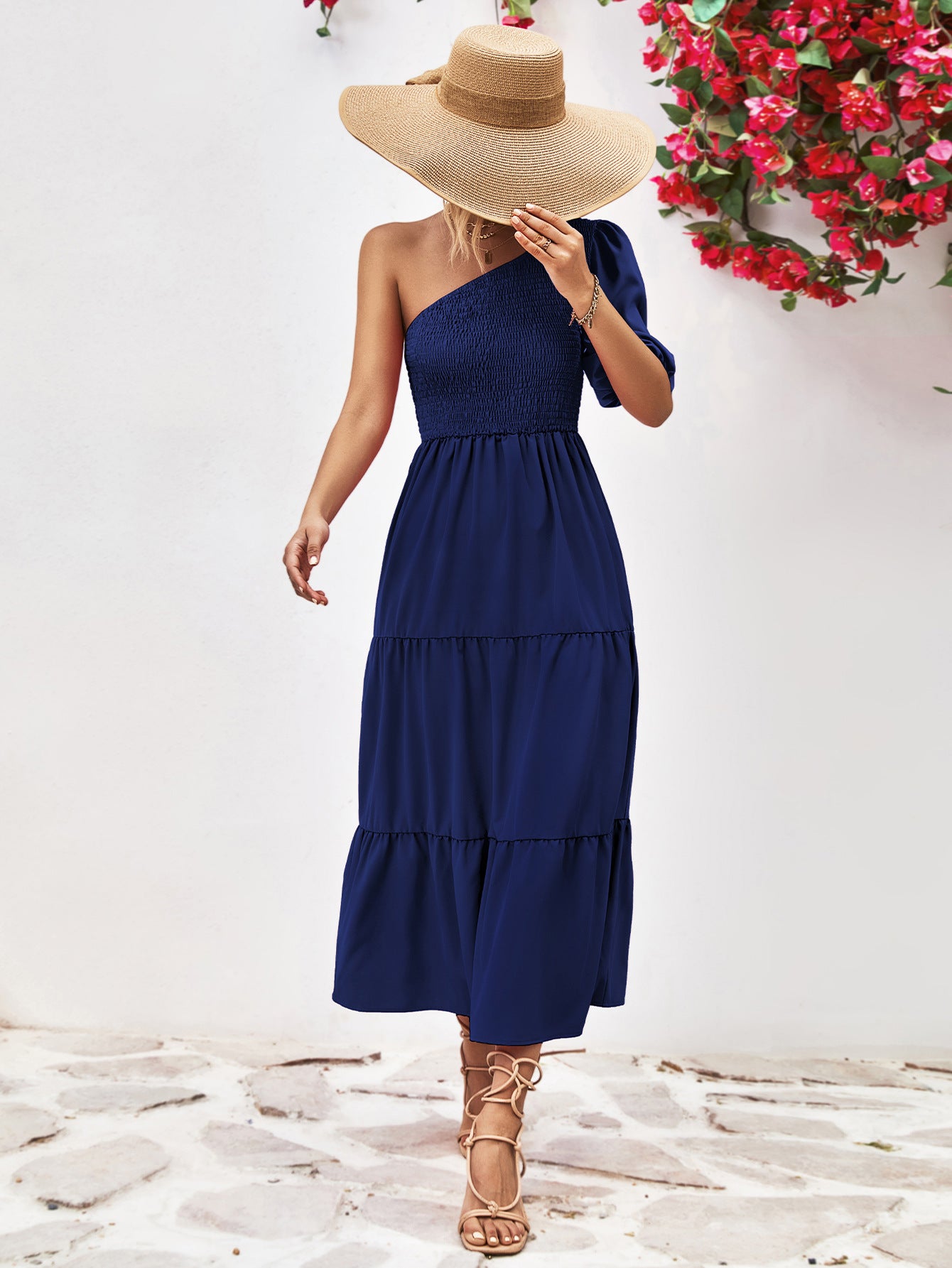 Smocked One-Shoulder Midi Dress - felvior