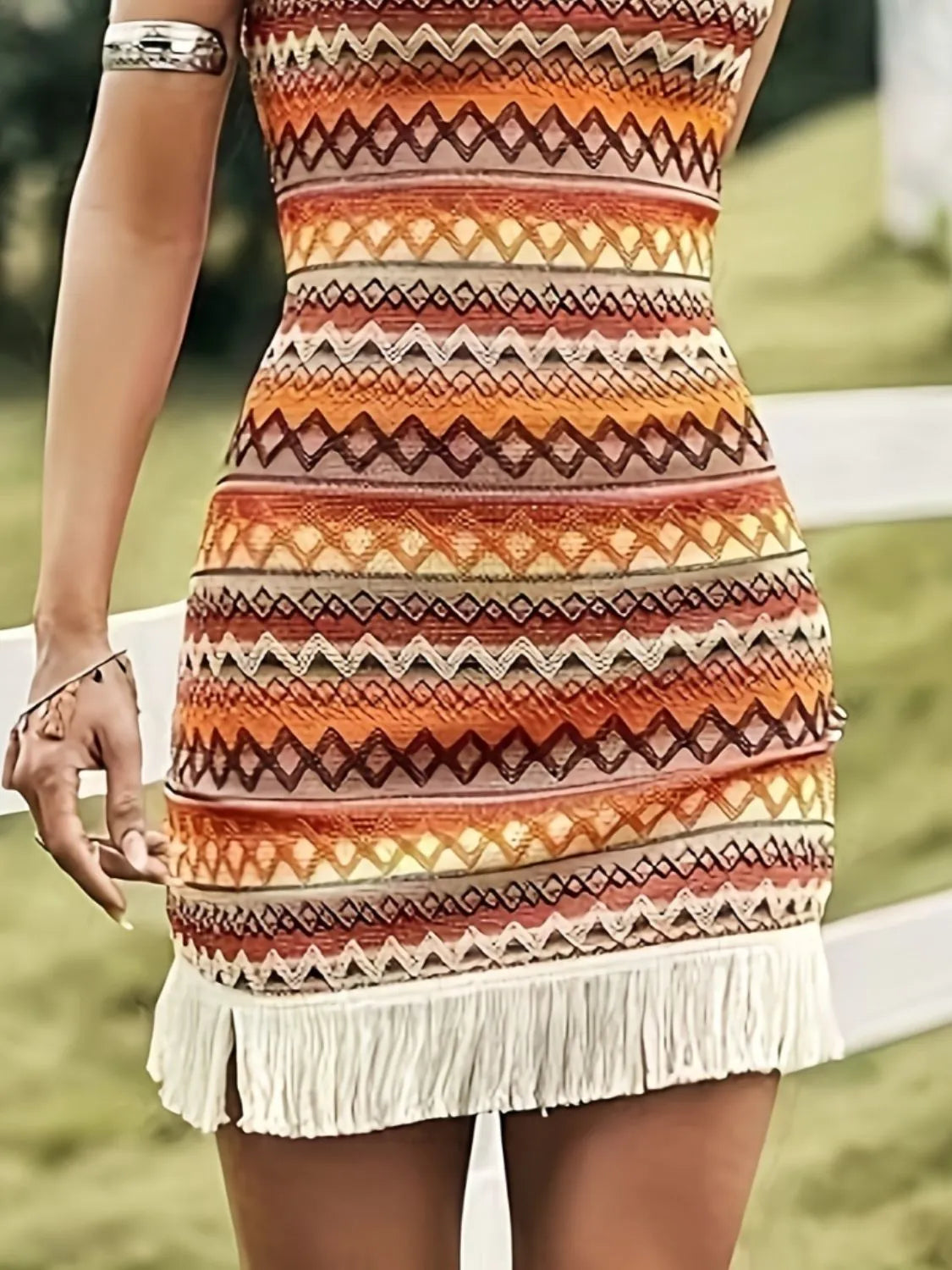 Full Size Fringe Grecian Neck Mini Dress Plus Size