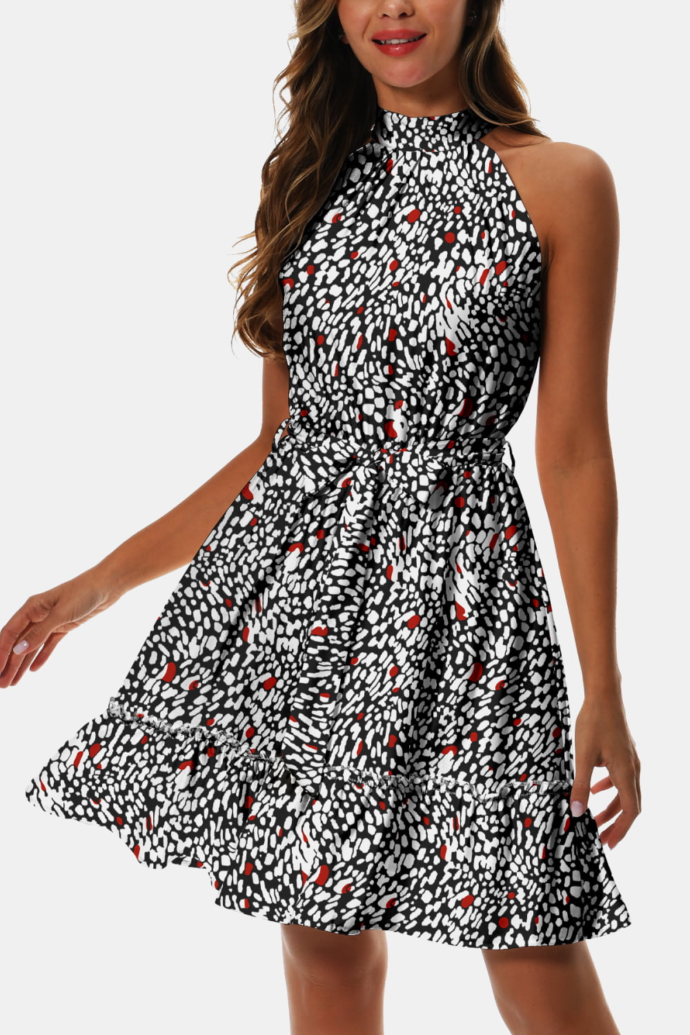 Printed Tie Waist Frill Trim Dress - felvior