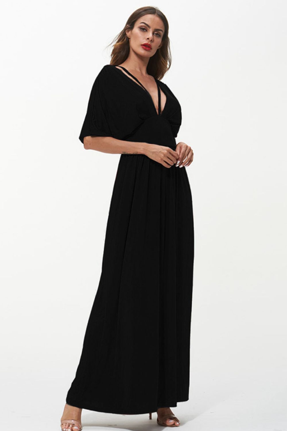 Shiny Strappy Neck Maxi Dress - felvior