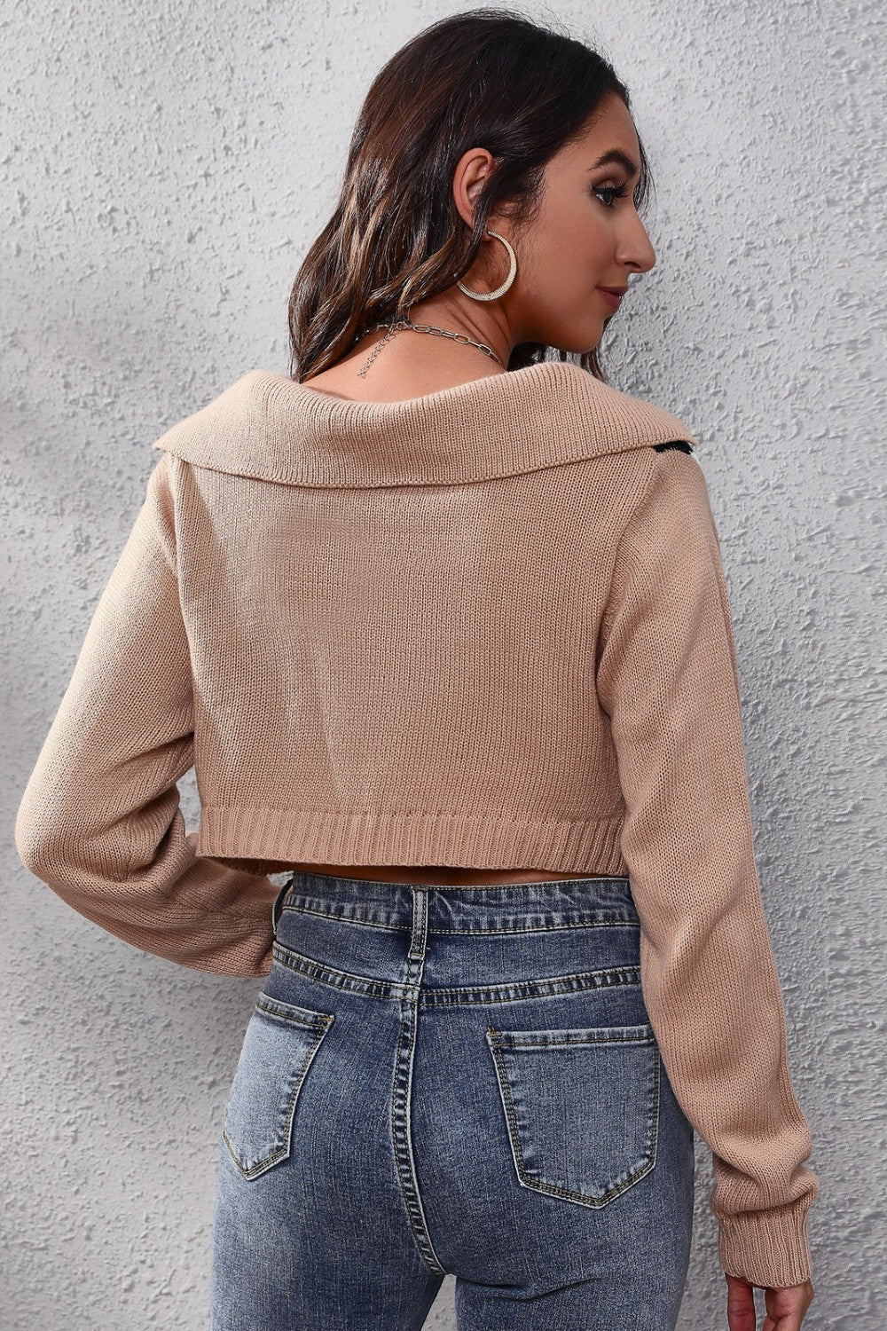 Geometric Long Sleeve Cropped Sweater - felvior