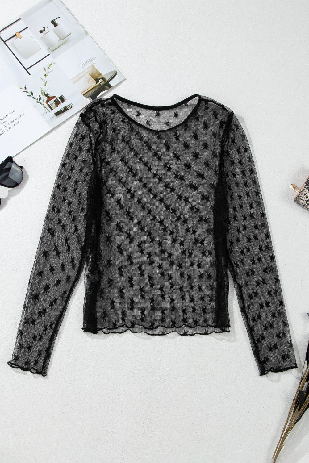 Star Round Neck Long Sleeve Sheer Blouse - felvior