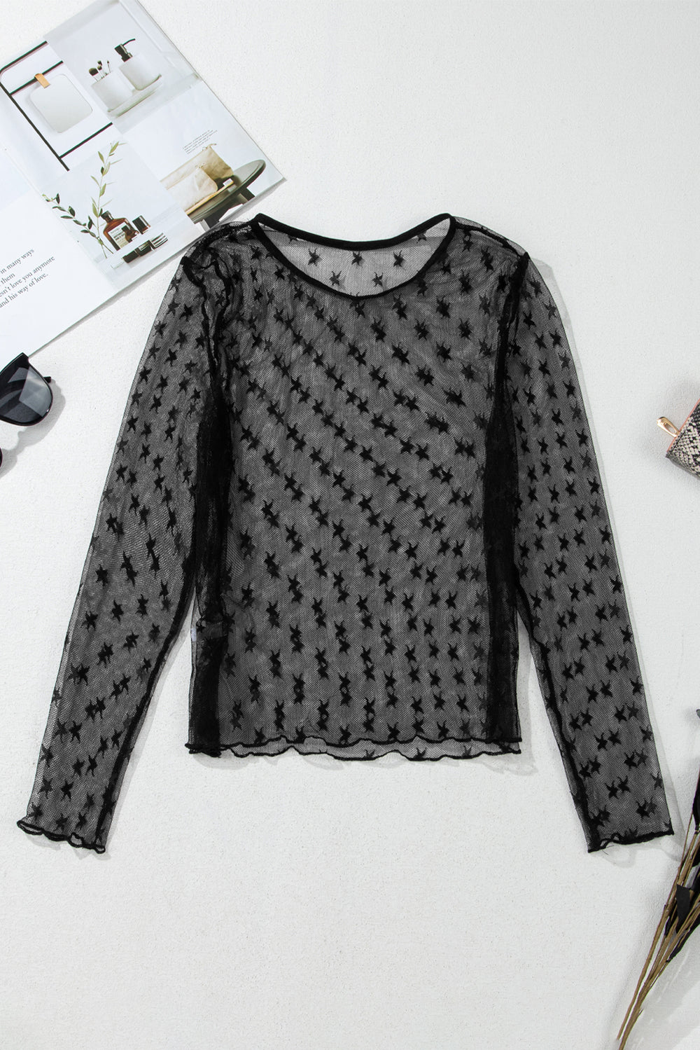 Star Round Neck Long Sleeve Sheer Blouse