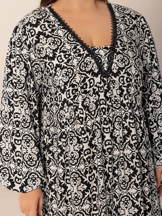 Plus Size Lace Detail Printed Balloon Sleeve Dress - felvior