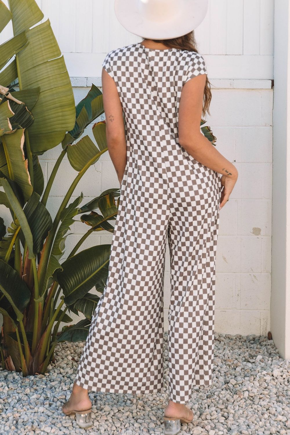 Checkered Print Crew Neck Wide Leg Jumpsuit