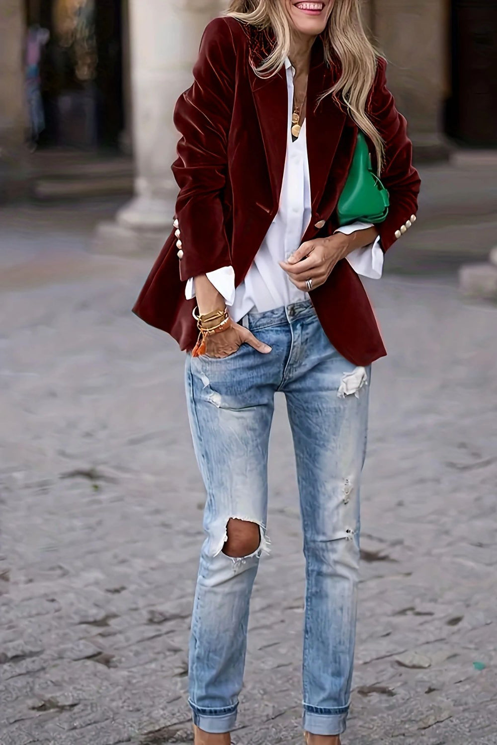 One Button Lapel Collar Long Sleeve Blazer - felvior