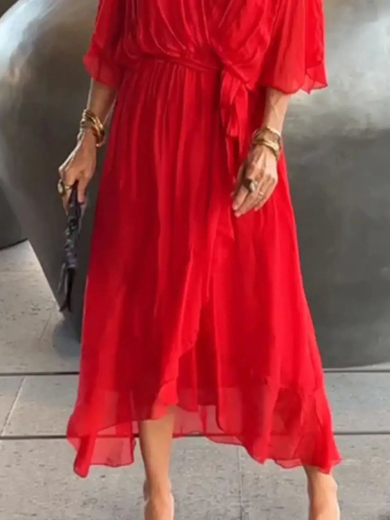 Full Size Flowy Tie Front Midi Dress with Flutter Sleeves Plus Size