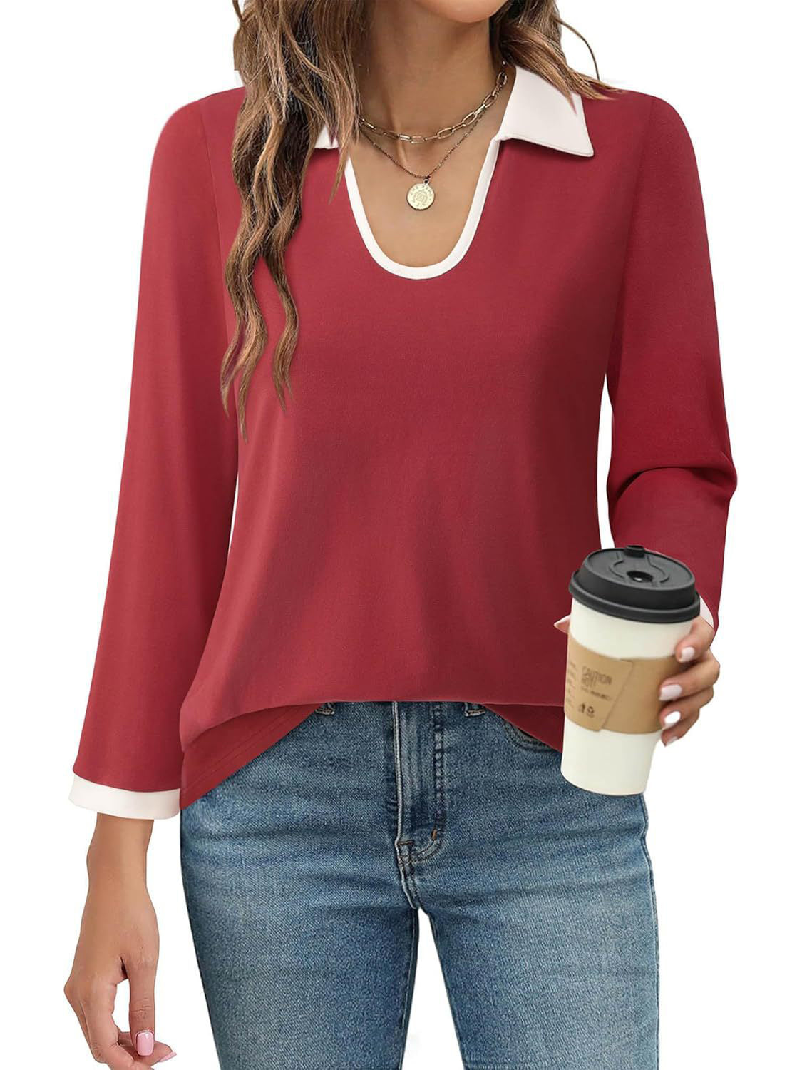 Contrast Collared Neck Long Sleeve Top - felvior
