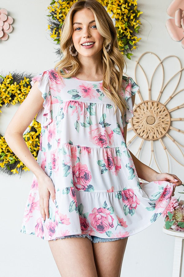 Heimish Full Size Butterfly Short Sleeve Round Neck Floral Print Tiered Top Plus Size - felvior