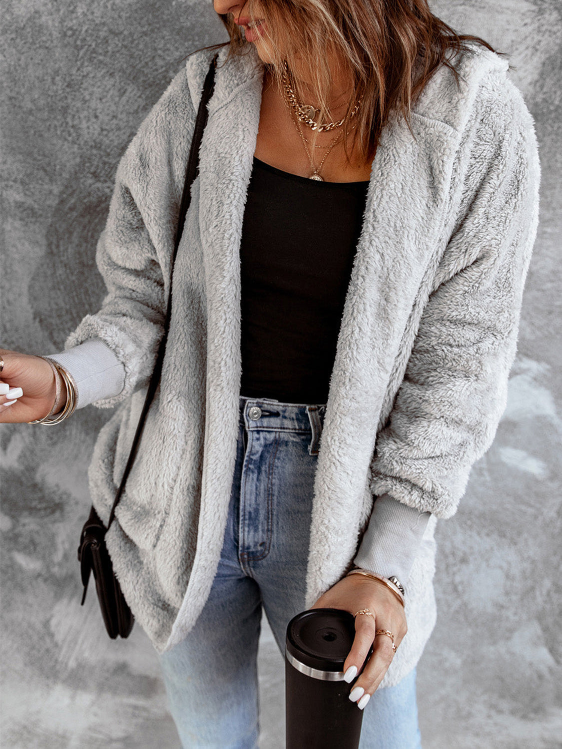 Open Front Hooded Faux Fur Outwear with Pockets - felvior