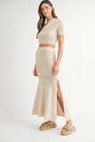 MABLE Pointelle Short Sleeve Crop Top and Slit Skirt Sweater Set - felvior