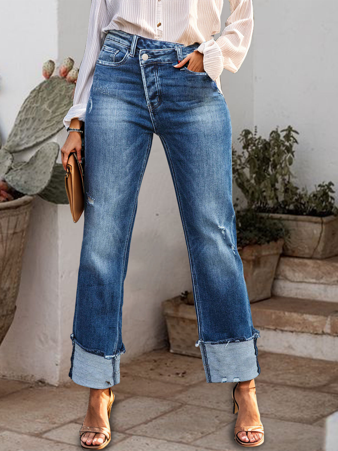 Stepped Waist Raw Hem Rolled Straight Jeans Hauptbild