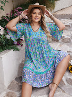 Plus Size Ruffled Hem Lace Detail Printed Half Sleeve Dress