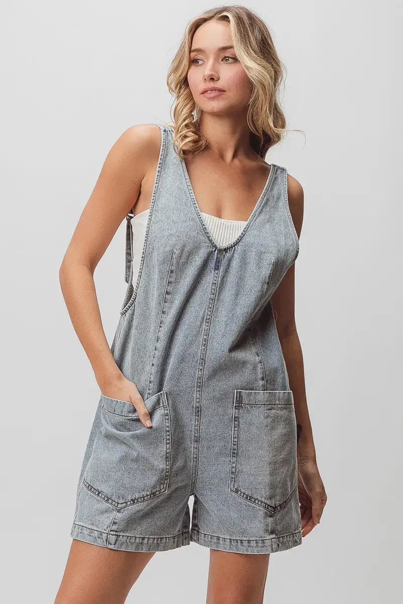 BiBi Patch Vintage Washed Denim Shortall