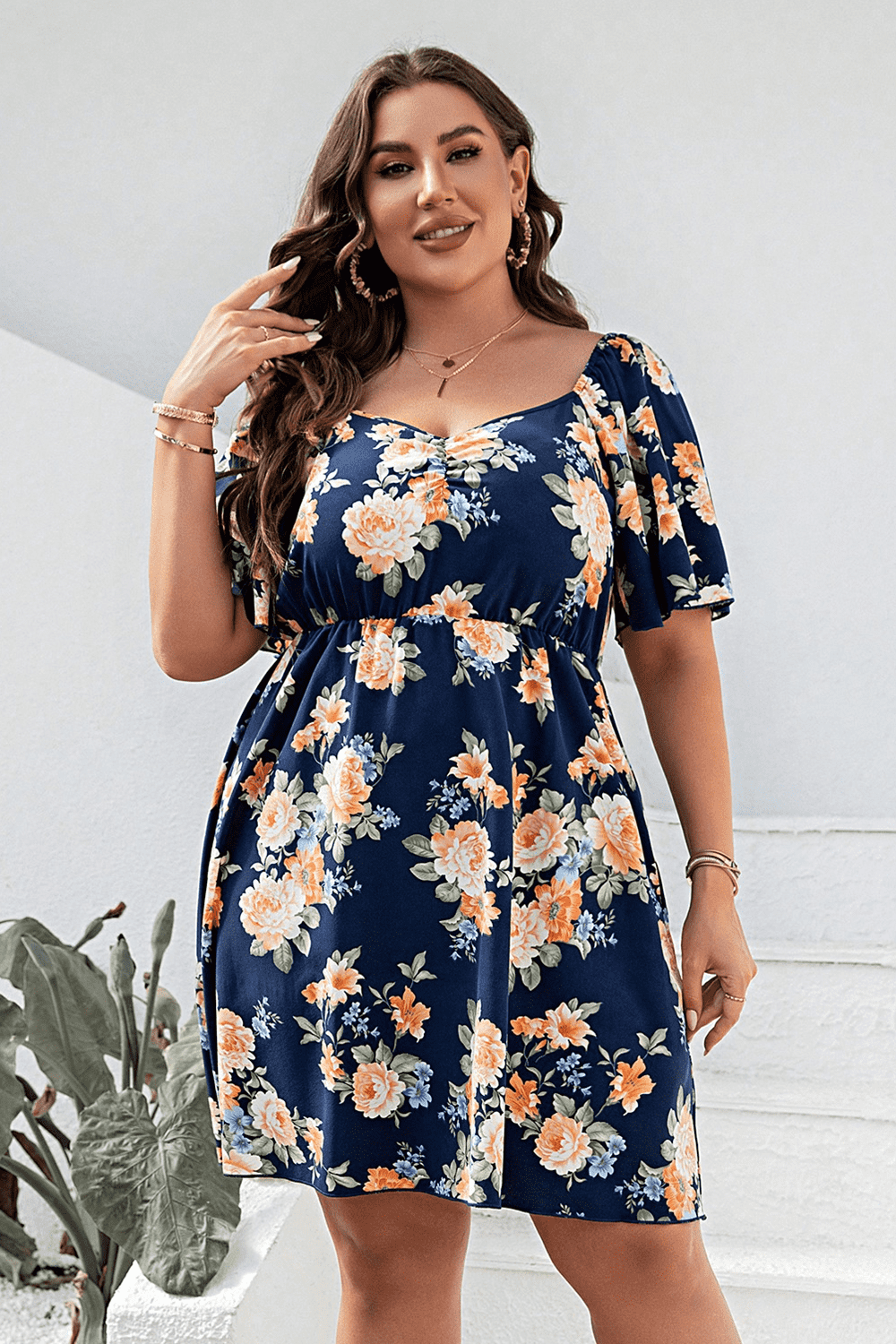 Plus Size Floral Print V-Neck Flutter Sleeve Mini Dress - felvior