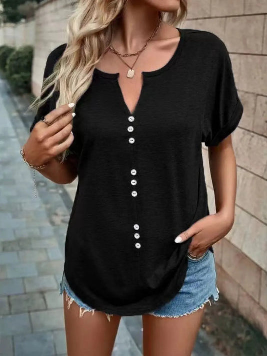 Full Size Notched Short Sleeve T-Shirt Plus Size - felvior