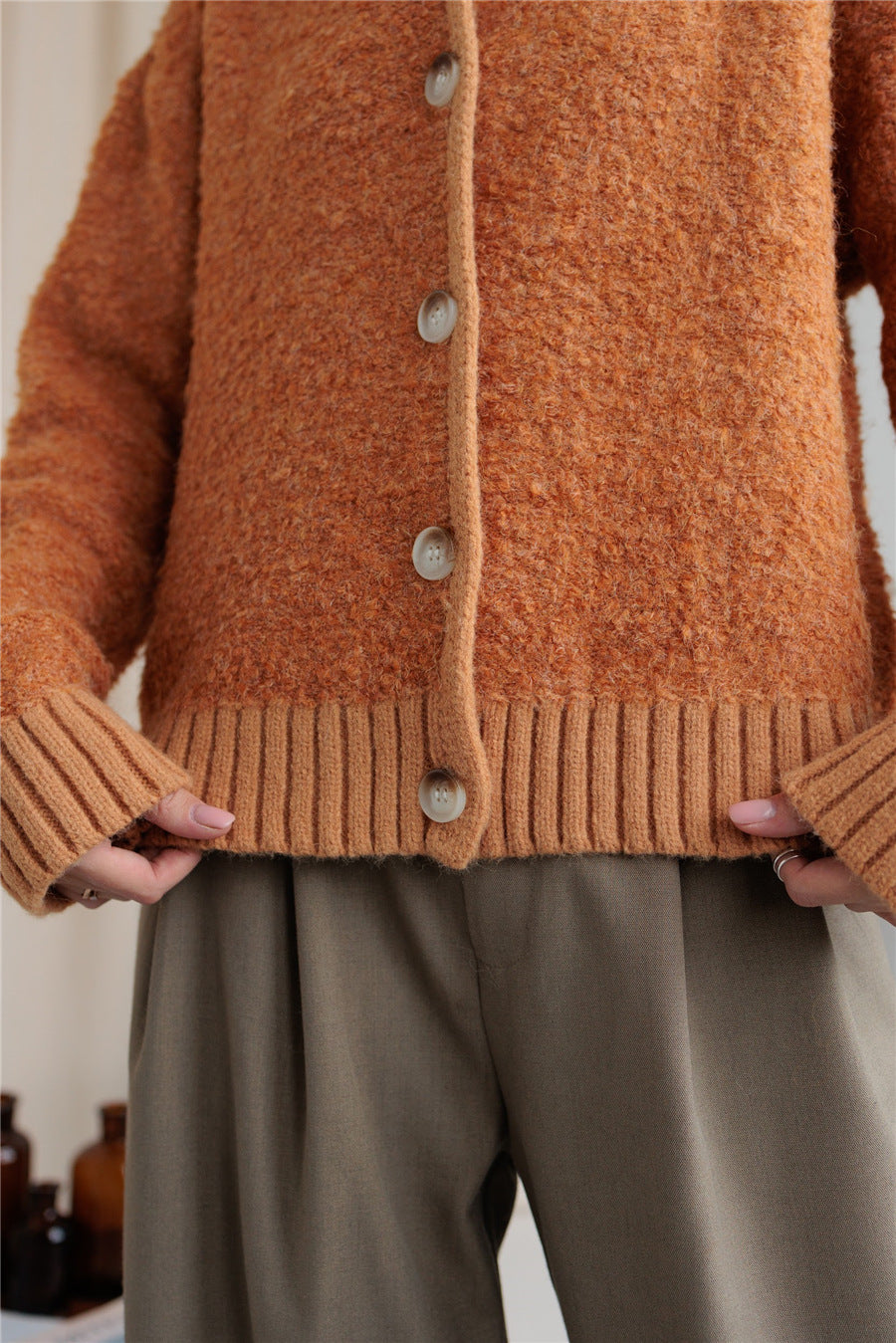 Collared Neck Button Down Long Sleeve Cardigan - felvior