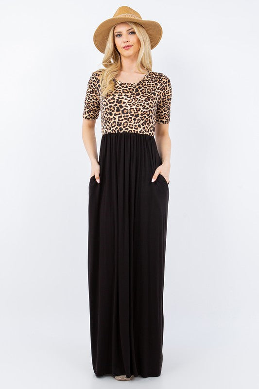 Celeste Full Size Leopard Round Neck Maxi Dress with Pockets Plus Size - felvior