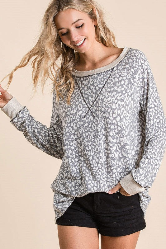 BiBi Leopard Round Neck Long Sleeve T-Shirt