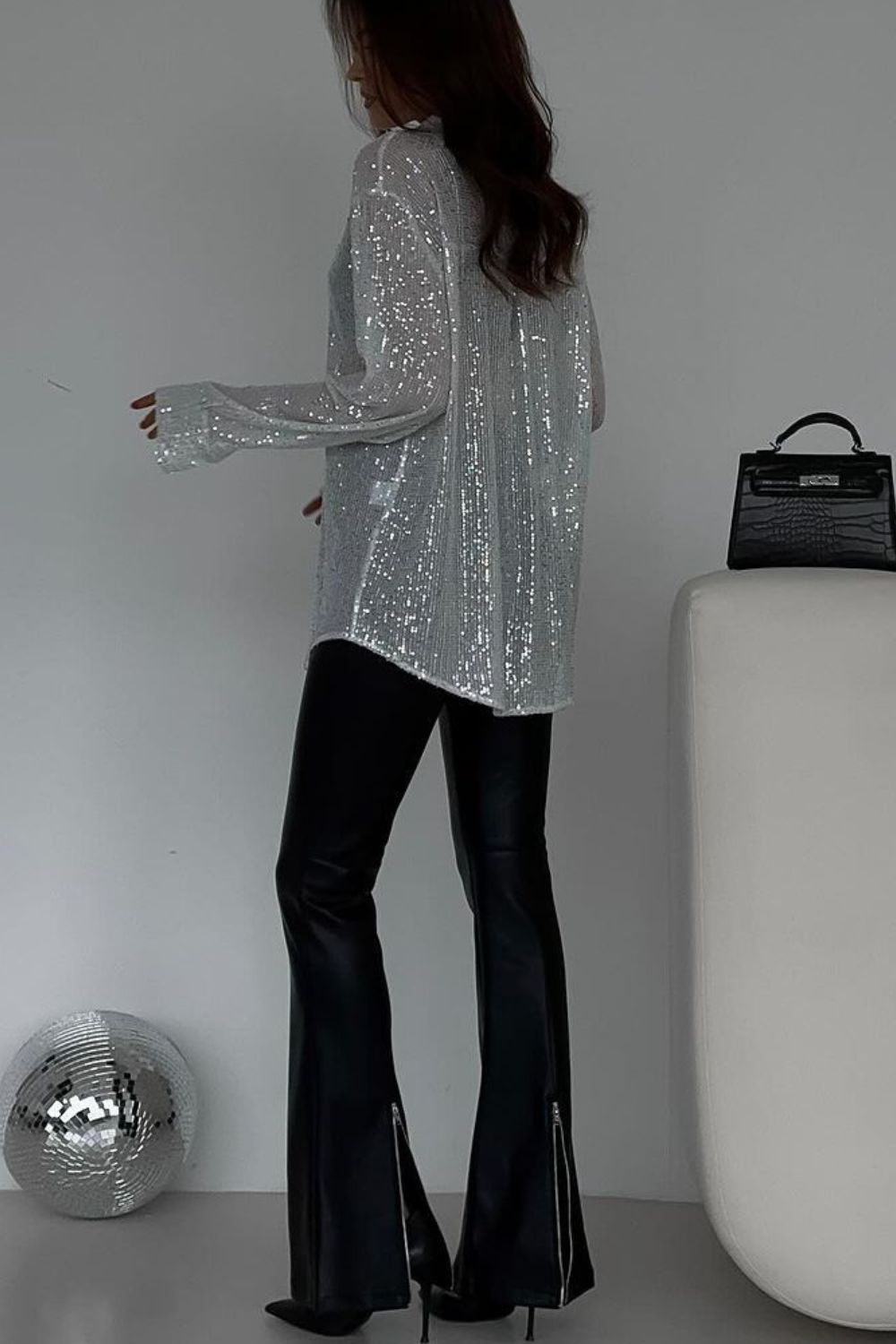 Sequin Button Up Long Sleeve Shirt - felvior