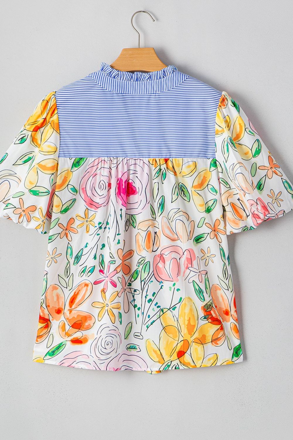 Floral Striped Yoke Frilled Tie Neck Puff Short Sleeve Blouse - felvior