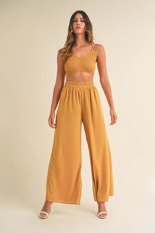 MABLE Smocked Bralette Crop Top and Wide Leg Pants Set