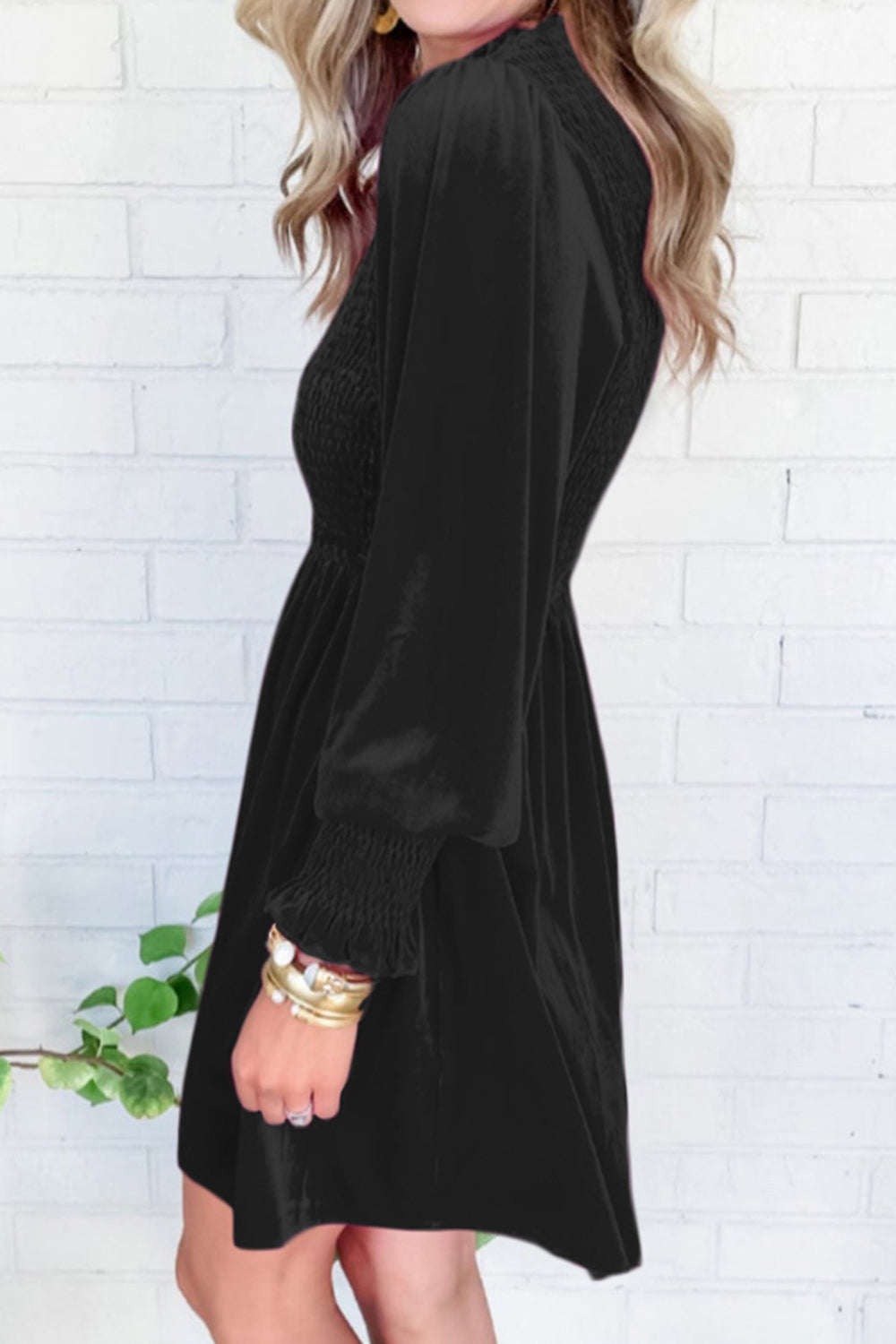 Smocked Round Neck Long Sleeve Dress - felvior
