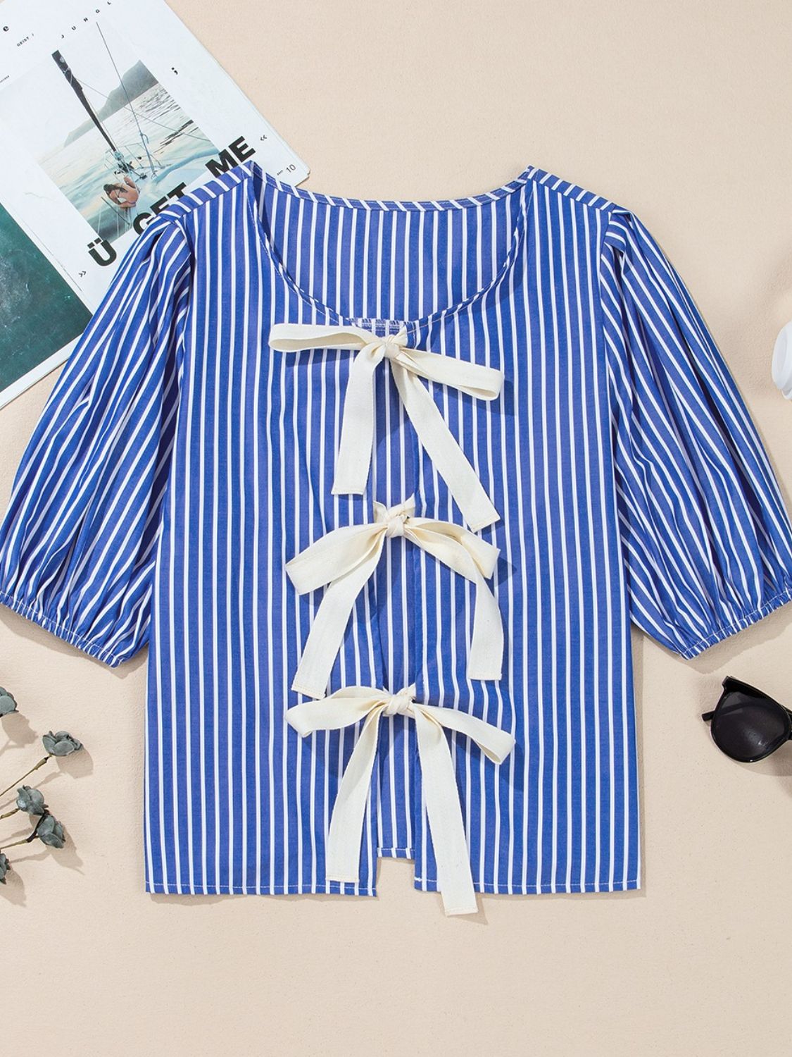 Stripe Tied Front Puff Short Sleeve Top - felvior